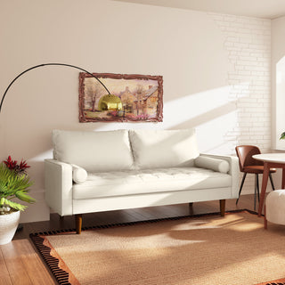 Tufted Sofa, White Faux Leather, Square Arms, Brown Solid Wood Legs