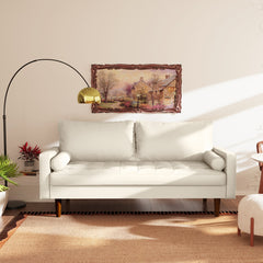 Tufted Sofa, White Faux Leather, Square Arms, Brown Solid Wood Legs