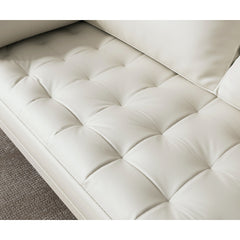 Tufted Sofa, White Faux Leather, Square Arms, Brown Solid Wood Legs