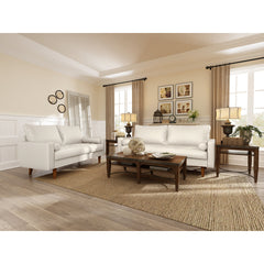 Tufted Sofa, White Faux Leather, Square Arms, Brown Solid Wood Legs