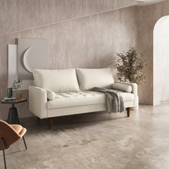 Tufted Sofa, White Faux Leather, Square Arms, Brown Solid Wood Legs