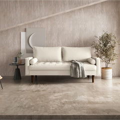 Tufted Sofa, White Faux Leather, Square Arms, Brown Solid Wood Legs