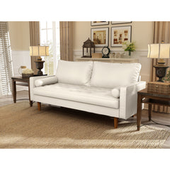 Tufted Sofa, White Faux Leather, Square Arms, Brown Solid Wood Legs