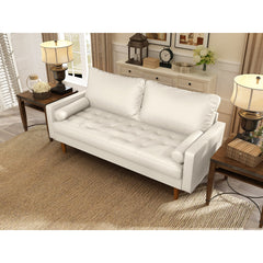 Tufted Sofa, White Faux Leather, Square Arms, Brown Solid Wood Legs