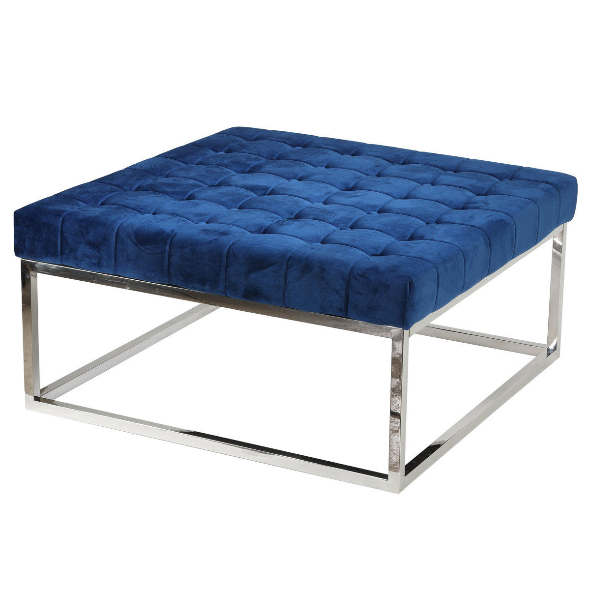 Tufted Square Ottoman, 36 x 36 in, Blue Velvet with Chrome Legs