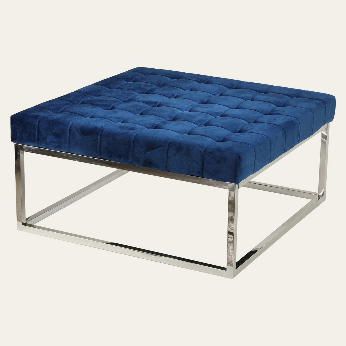 36 x 36 in Tufted Square Ottoman in Blue Velvet with Chrome Legs