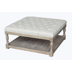 Tufted Storage Bench, Off-White Linen with Solid Wood Turned Legs