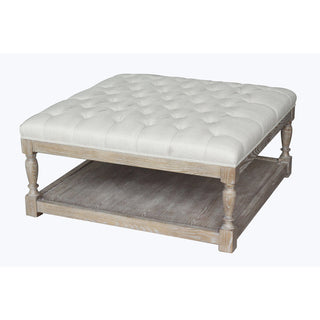 Tufted Storage Bench, Off-White Linen with Solid Wood Turned Legs