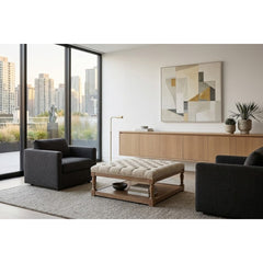 Tufted Storage Bench, Off-White Linen with Solid Wood Turned Legs