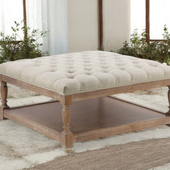 Tufted Storage Bench, Off-White Linen with Solid Wood Turned Legs