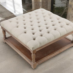 Tufted Storage Bench, Off-White Linen with Solid Wood Turned Legs