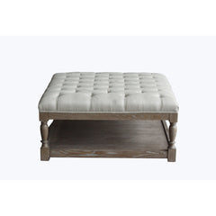 Tufted Storage Bench, Off-White Linen with Solid Wood Turned Legs