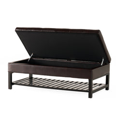 Tufted Storage Ottoman Bench, 50 in Wide, Espresso Brown Faux Leather