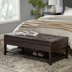 Tufted Storage Ottoman Bench, 50 in Wide, Espresso Brown Faux Leather
