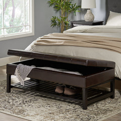 Tufted Storage Ottoman Bench, 50 in Wide, Espresso Brown Faux Leather