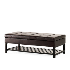 Tufted Storage Ottoman Bench, 50 in Wide, Espresso Brown Faux Leather