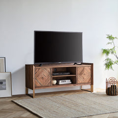 TV Console, Solid Fir Wood, 50 In Wide, Natural with Gold Accents