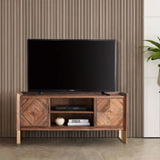 TV Console, Solid Fir Wood, 50 In Wide, Natural with Gold Accents