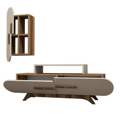 TV Entertainment Center, 57.09 in Wide, Walnut and Cream Finish