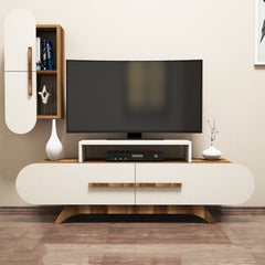 TV Entertainment Center, 57.09 in Wide, Walnut and Cream Finish