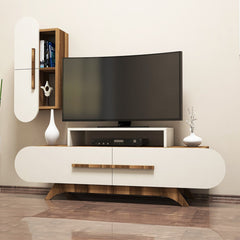 TV Entertainment Center, 57.09 in Wide, Walnut and Cream Finish