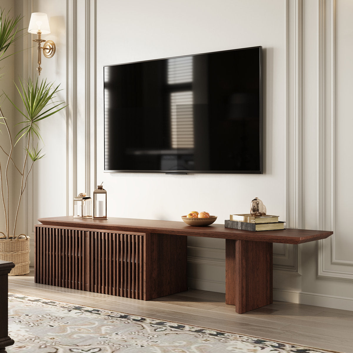 TV Stand, 110.24 in W, Walnut with Solid and Manufactured Wood