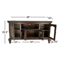TV Stand, 48 in Wide, Brown Solid Wood with Glass Doors