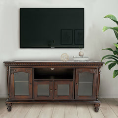 TV Stand, 48 in Wide, Brown Solid Wood with Glass Doors