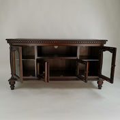 TV Stand, 48 in Wide, Brown Solid Wood with Glass Doors