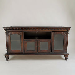 TV Stand, 48 in Wide, Brown Solid Wood with Glass Doors