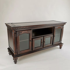 TV Stand, 48 in Wide, Brown Solid Wood with Glass Doors