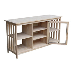 TV Stand, 56-Inch Unfinished Solid Rubberwood with Tempered Glass Door