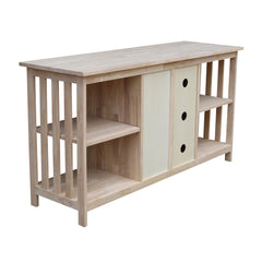 TV Stand, 56-Inch Unfinished Solid Rubberwood with Tempered Glass Door