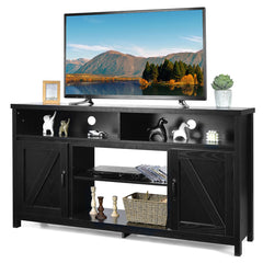 TV Stand, 59 in Wide, Black Engineered Wood with Window-Pane Paneling