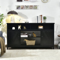 TV Stand, 59 in Wide, Black Engineered Wood with Window-Pane Paneling