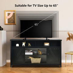 TV Stand, 59 in Wide, Black Engineered Wood with Window-Pane Paneling