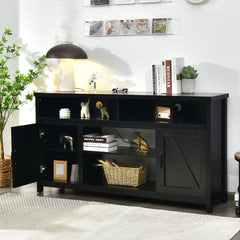 TV Stand, 59 in Wide, Black Engineered Wood with Window-Pane Paneling