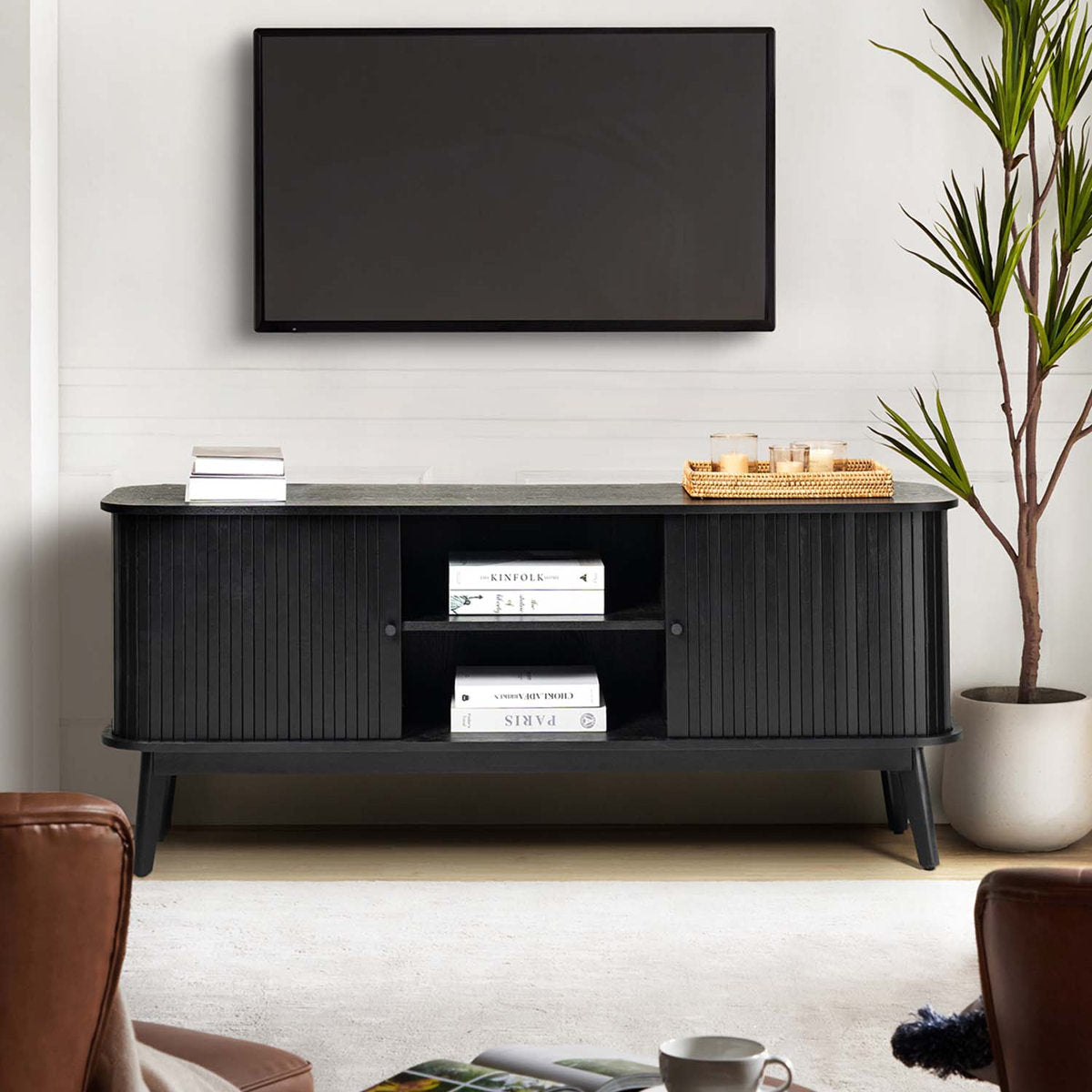 TV Stand, 59 in Wide, Black Solid Wood