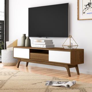 TV Stand, 59 in Wide, White and Brown with Solid and Manufactured Wood