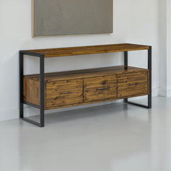 TV Stand, 60 in Solid Wood with Three Drawers, Mocha