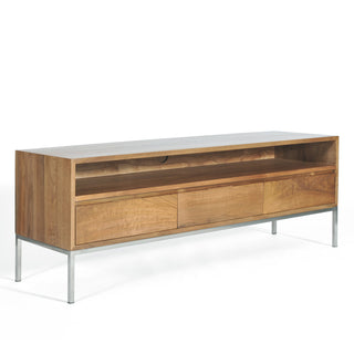 TV Stand, 60 in W, Light Walnut with Brushed Stainless Steel
