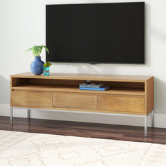 TV Stand, 60 in W, Light Walnut with Brushed Stainless Steel