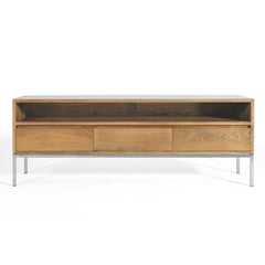 TV Stand, 60 in W, Light Walnut with Brushed Stainless Steel