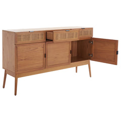 TV Stand, 60 in W, Natural Solid Wood with Cane Drawers
