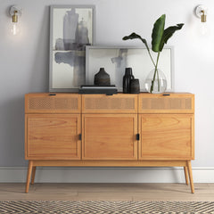 TV Stand, 60 in W, Natural Solid Wood with Cane Drawers
