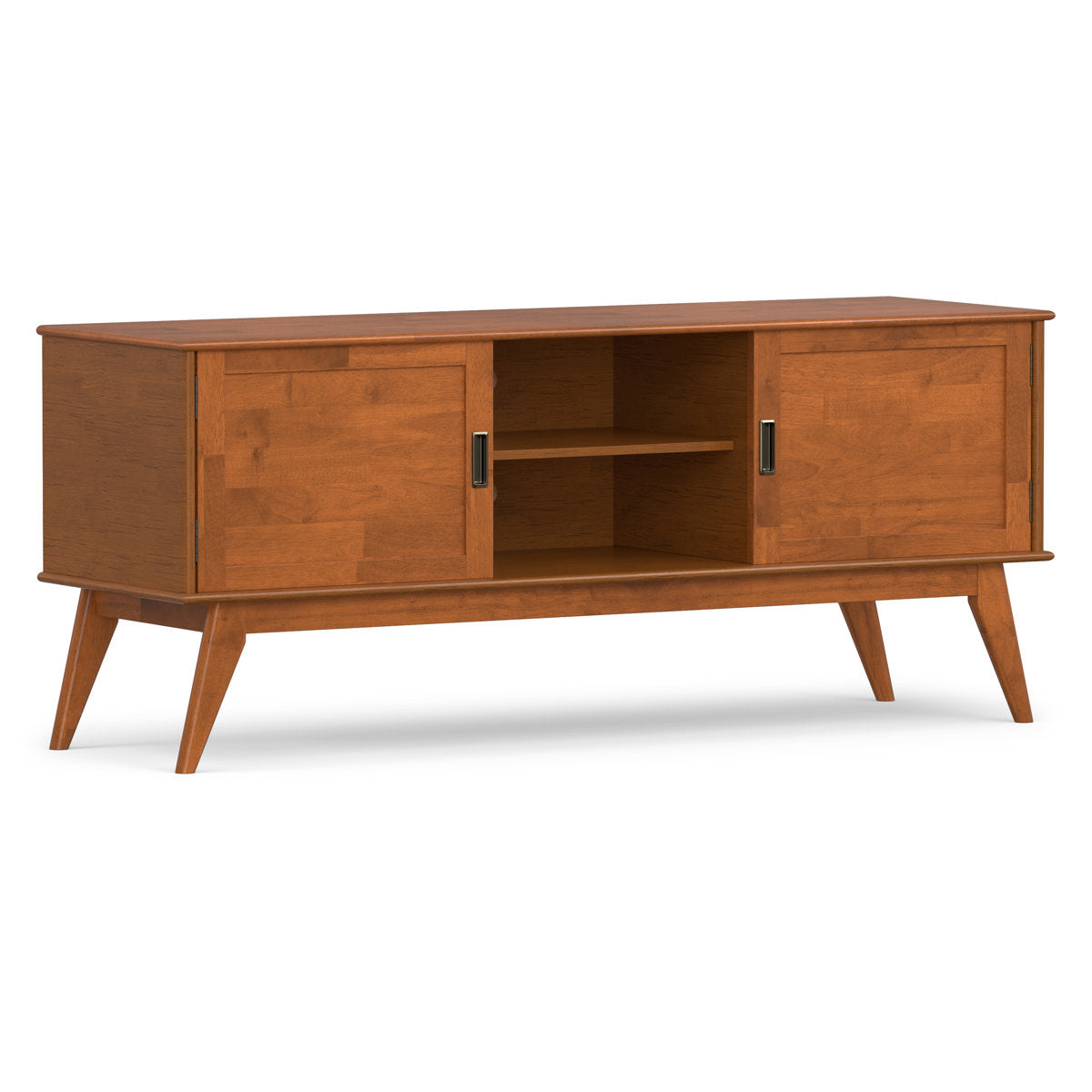 TV Stand, 60 in Wide Solid Wood with Teak Brown Finish