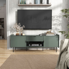 TV Stand, 60 Inch Wide, Green with Two Cabinets and One Drawer