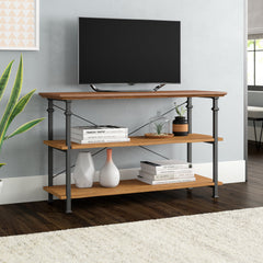 TV Stand, 62 In. Wide, Rustic Oak with Black Metal Frame