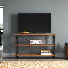 TV Stand, 62 In. Wide, Rustic Oak with Black Metal Frame