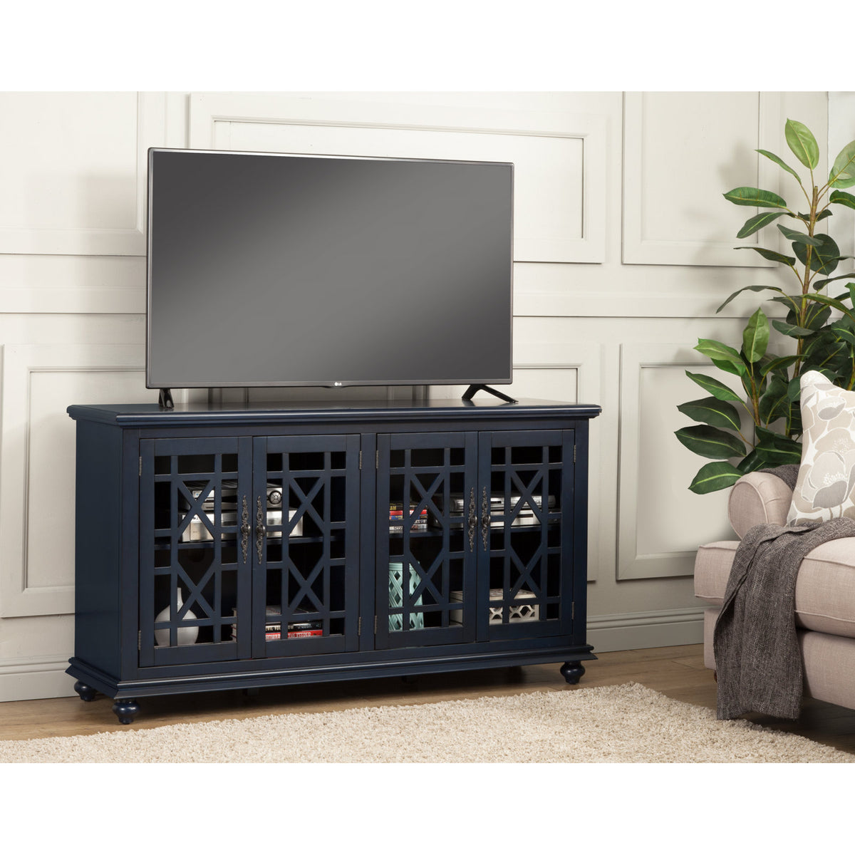 TV Stand, 63 in W, with Solid and Manufactured Wood in Catalina Blue